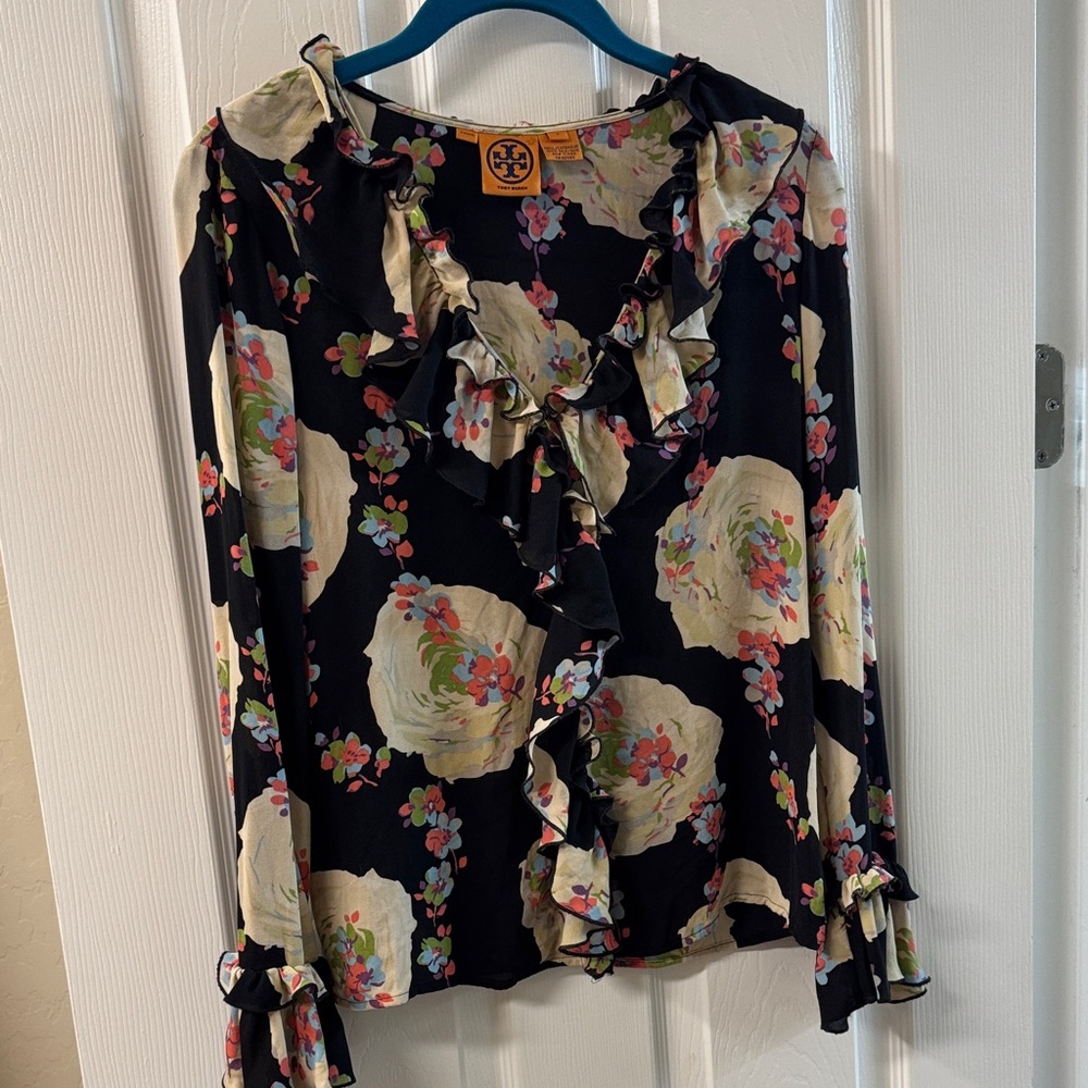 Tory Burch Black Floral Ruffle Blouse